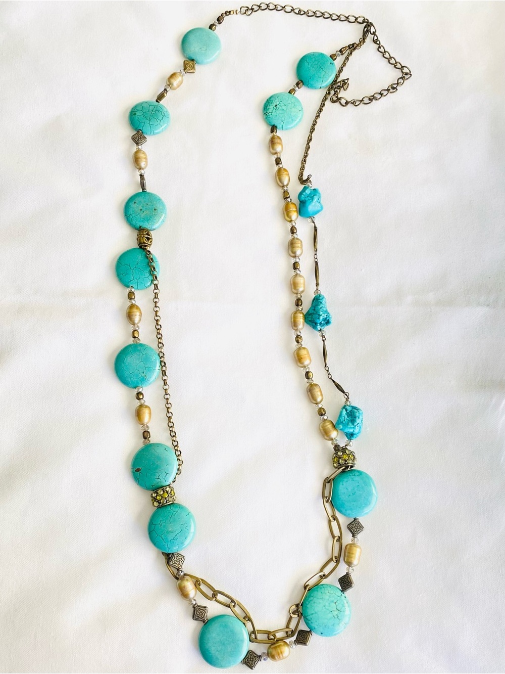 Handmade OOAK Turquoise Howlite Pearl Necklace Asymmetric Boho Statement